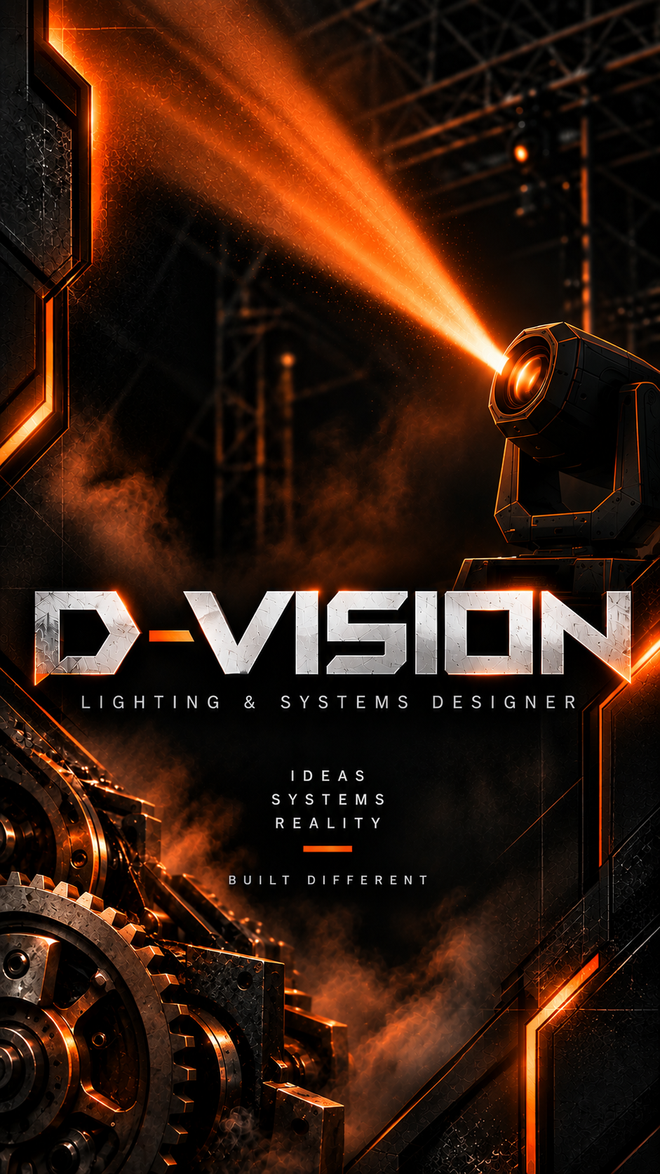 D-VISION wallpaper featuring a moving-head light, orange beam and mechanical gears